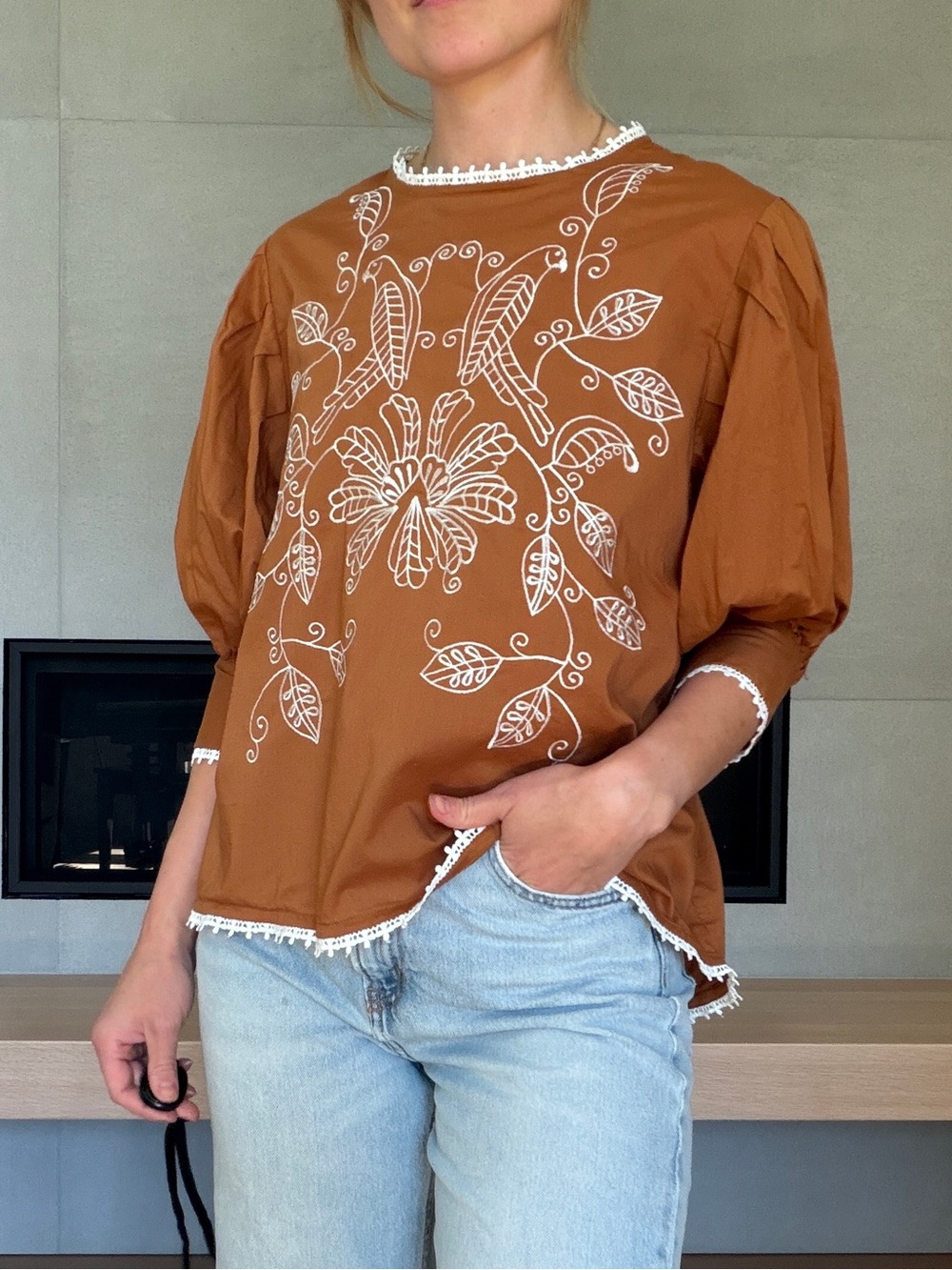 Nishat Brown Embroidered Puff-Sleeve Blouse